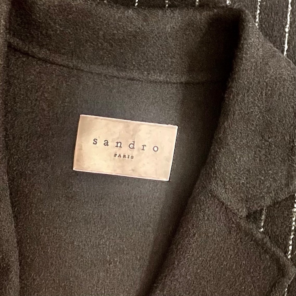 SANDRO Paris Felted Wool Long Coat Black Gray Pinstripe Stripe Size 1 / US 4 - Picture 9 of 15